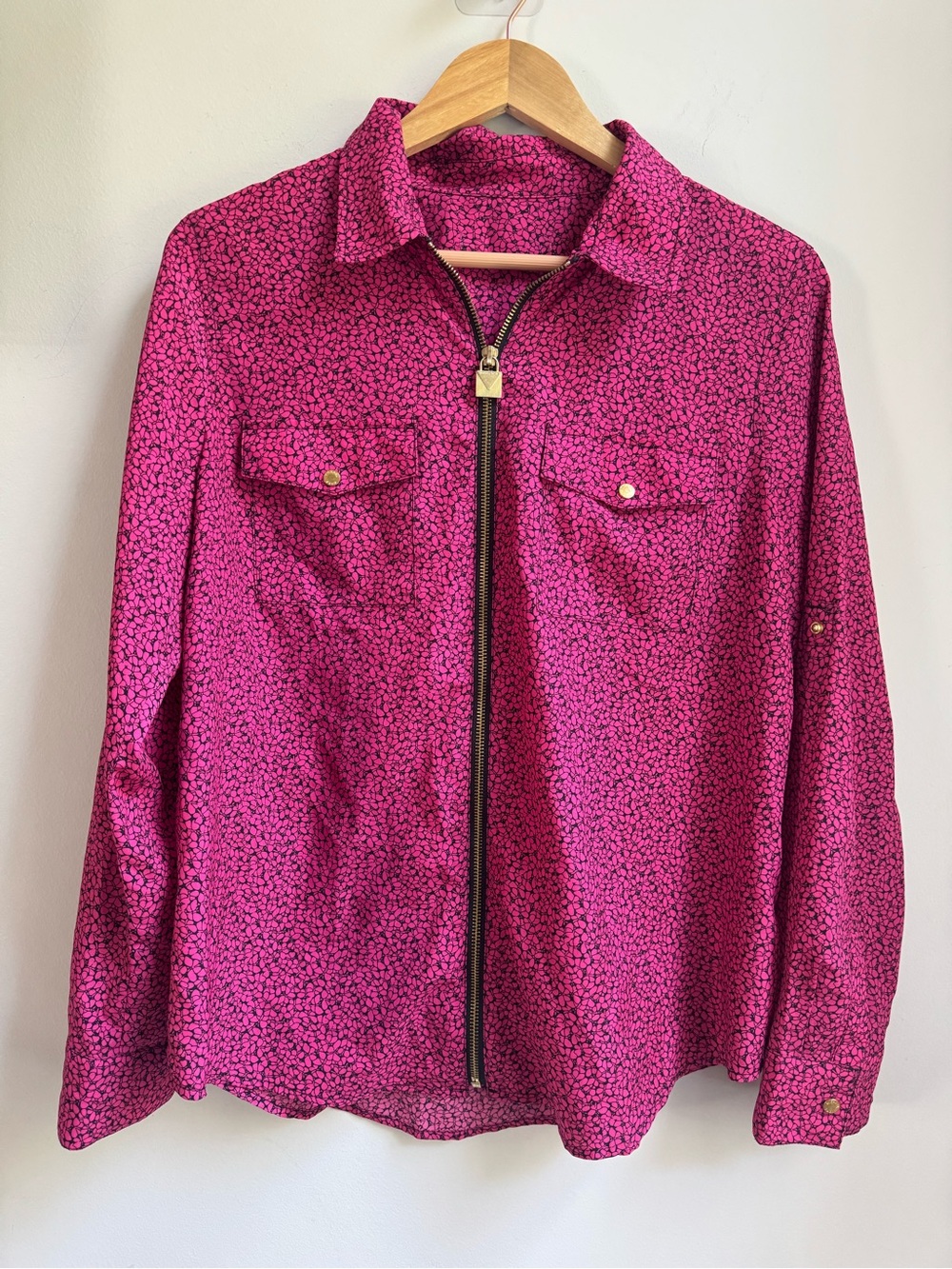 Michael Kors Fuchsia Printed Zip-Front Shirt Jacket Gold Zip Fall Fashion